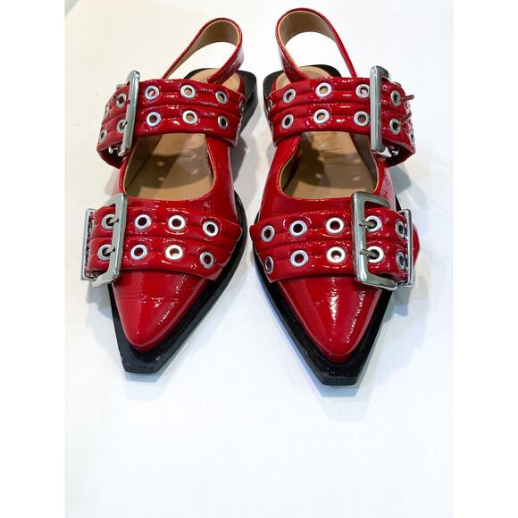 Ganni Red Buckle Ballerina Flats - Picture 9 of 10